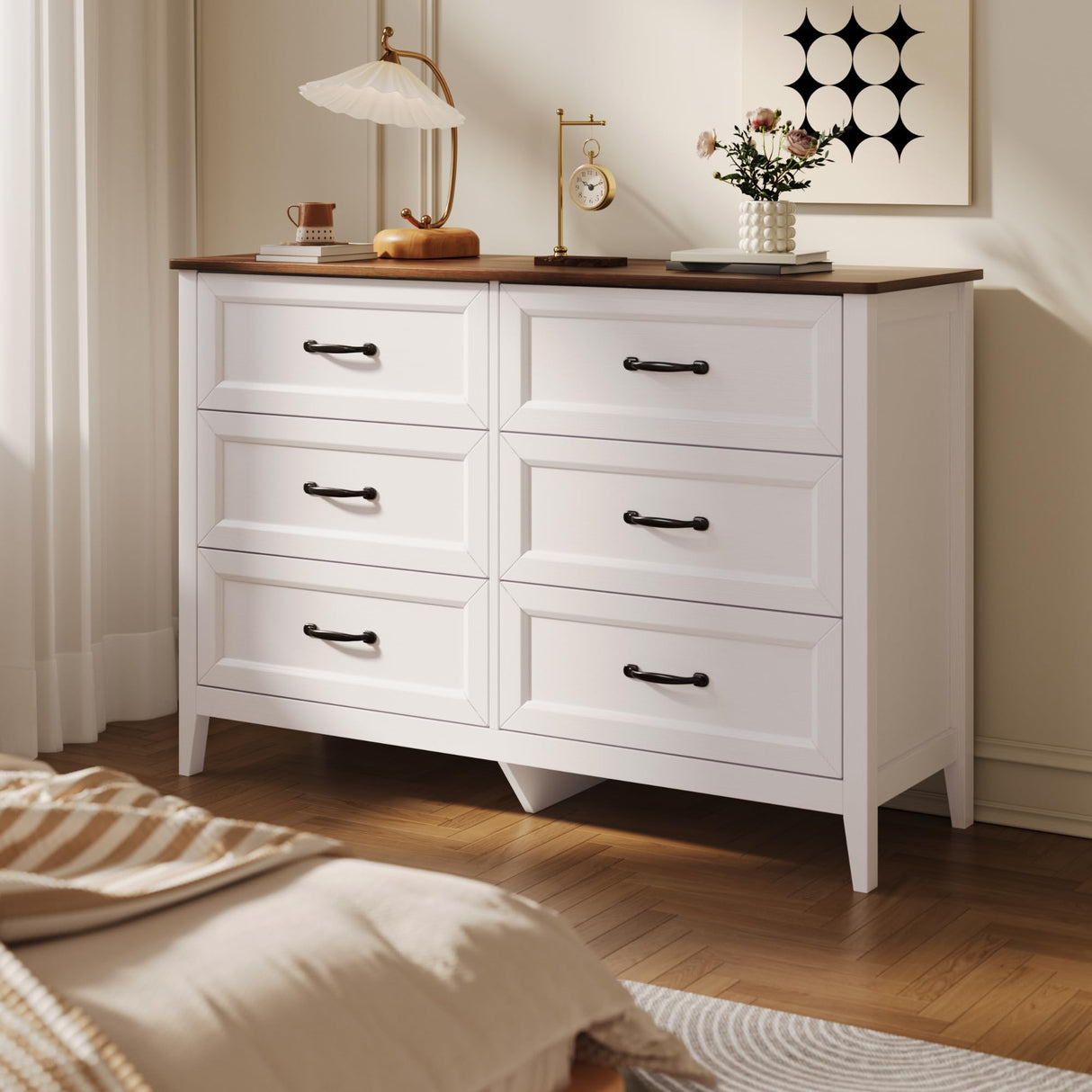 Gizoon 47.2" W Dresser for Bedroom, 6 Chest of Drawers, Modern Drawer Dresser, Wood TV Stand for Living Room, with Smooth Rail, Metal Handles, Anti-tip, Hallway, Retro Gizoon