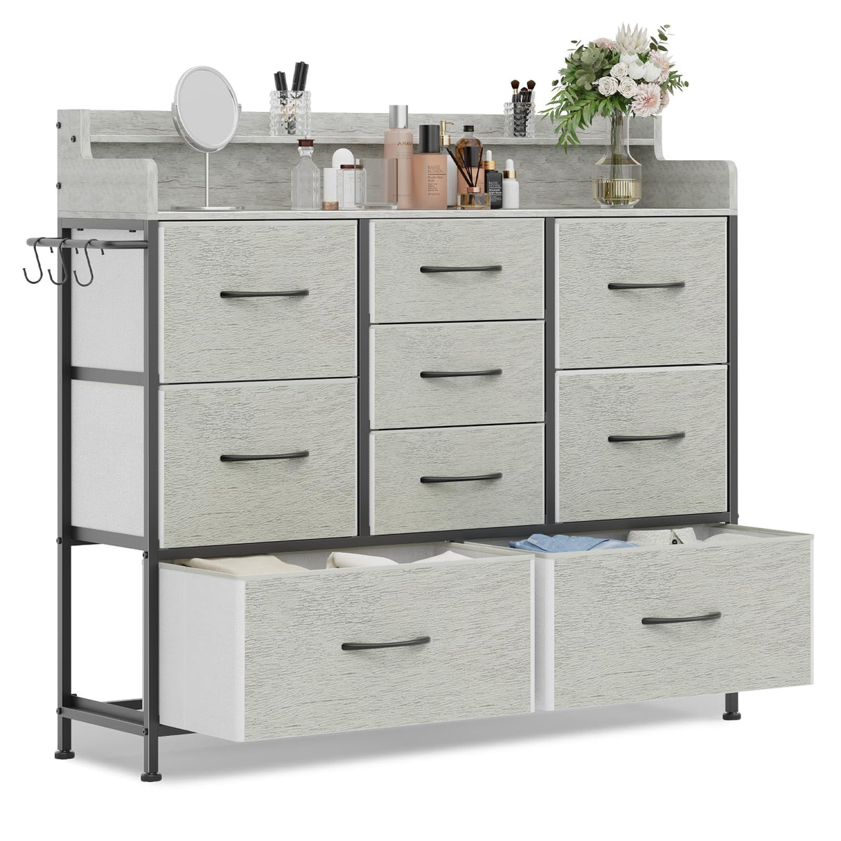 ErgoDesign 9 Drawers Dresser with Hooks, Dressers for Bedroom, Living Room, Hallway, Nursery (Greige) ErgoDesign