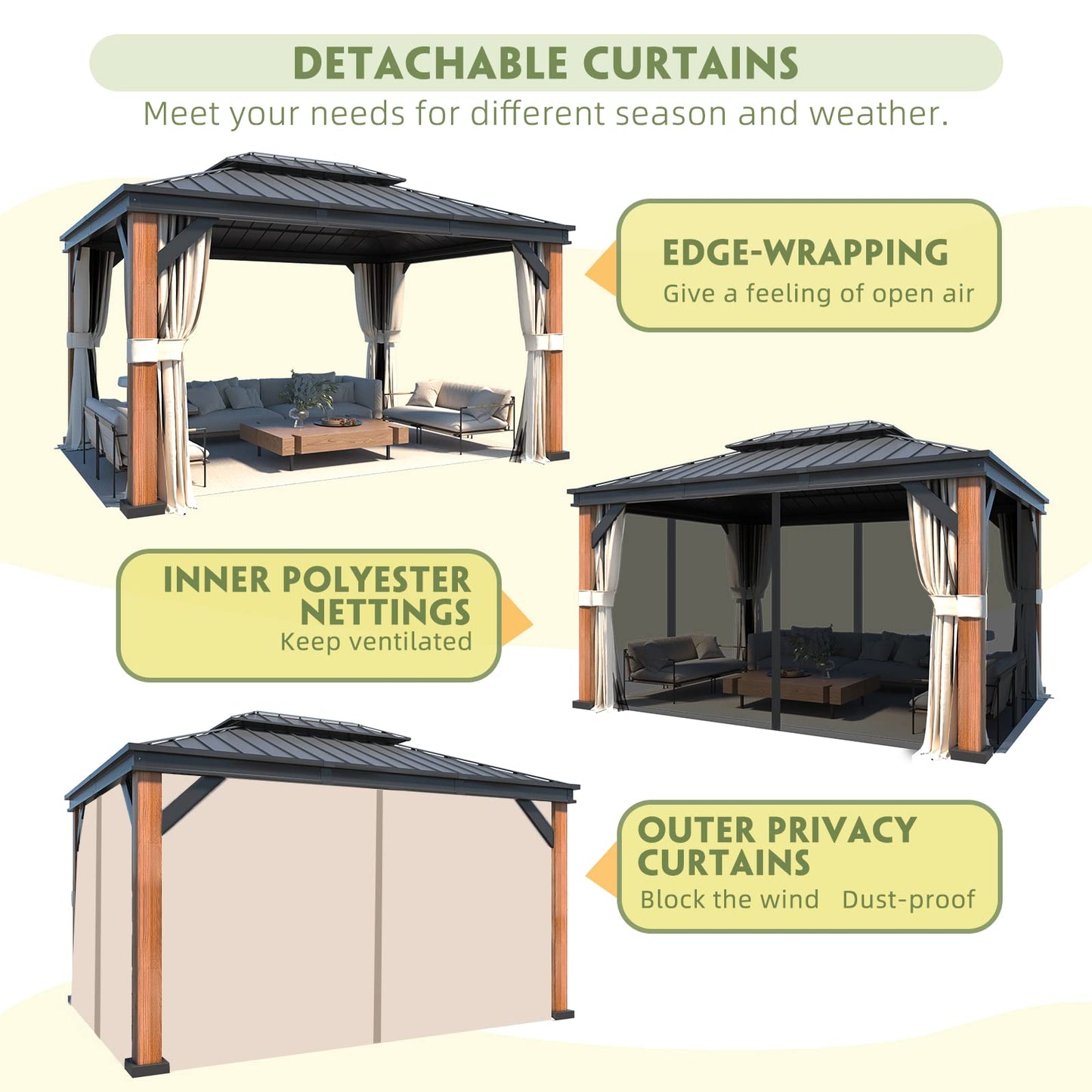 MELLCOM Gazebo 12' x 16', Wooden Finish Coated Thicker Aluminum Frame Gazebo with Galvanized Steel Roof, Outdoor Patio Gazebos with Curtains and Nettings for Patio, Lawn & Garden - WoodArtSupply