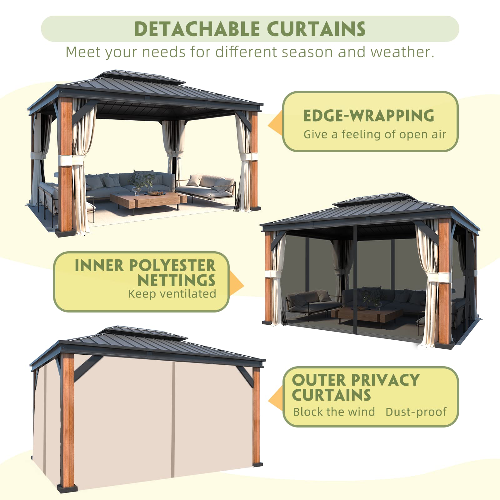 MELLCOM Gazebo 12' x 16', Wooden Finish Coated Thicker Aluminum Frame Gazebo with Galvanized Steel Roof, Outdoor Patio Gazebos with Curtains and Nettings for Patio, Lawn & Garden - WoodArtSupply