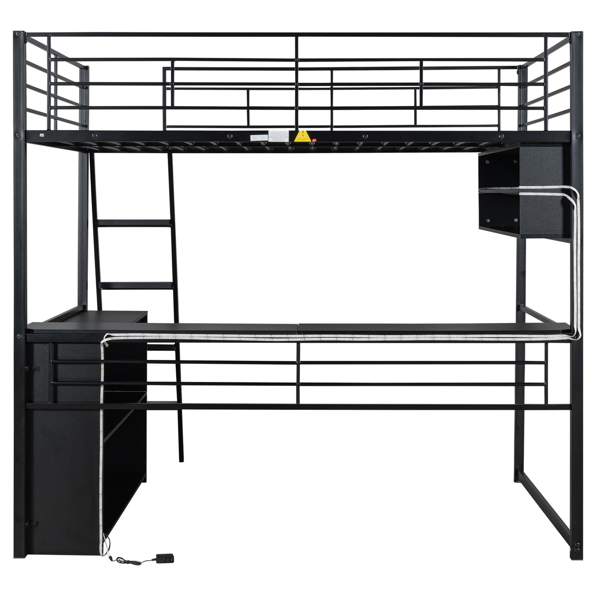 Polibi Full Size Loft Bed with LED and Desk,Metal Gaming Loft Bed Frame with 4 Storage Shelves,Black Polibi