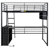Polibi Full Size Loft Bed with LED and Desk,Metal Gaming Loft Bed Frame with 4 Storage Shelves,Black Polibi