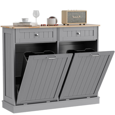 Ancohom Double Tilt Out Trash Cabinet Kitchen Waste Bins,Laundry Hamper Tilt Out Trash Can Cabinet 2 * 13 Gallon Pet Proof Trash Can for Kitchen (Grey) Ancohom