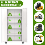 JAORD Garage Storage Cabinets with Wheels, Metal Storage Cabinet with Locking Doors and 4 Adjustable Shelves for Garage Home, Assembly Required, 73" H, White JAORD