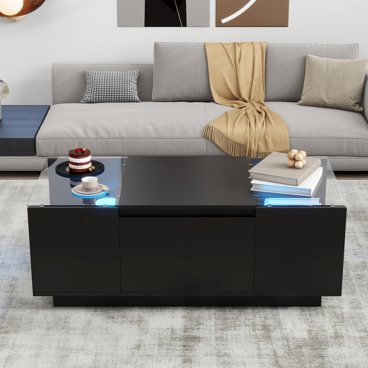 Black 2-Tier Rectangular Table with Tempered Glass Top and Drawers, LED Coffee Table with Storage, Modern High Gloss Black Coffee Table RuiSiSi