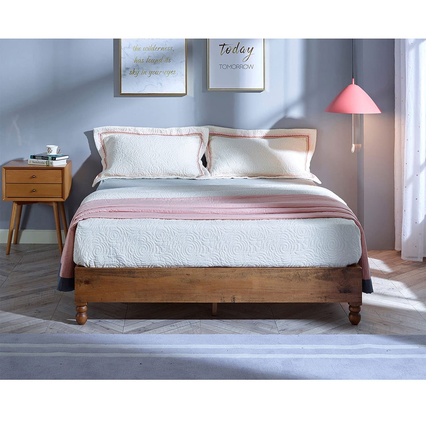 MUSEHOMEINC 12 Inch Solid Wood Bed Frame Rustic Style Eliminates The Need for a Boxspring, Natural Finish, King