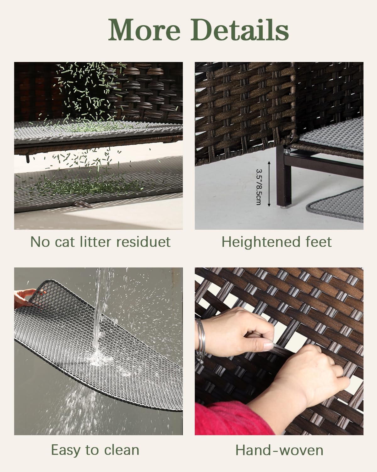 SETVSON Cat Litter Box Enclosure Furniture, Hidden Handwoven Rattan Litter Box with Mat, Large Cat House with Metal Heightened Feet, 30.3 x 18.3 x 28 Inches, Indoor for Living Room, Bedroom Brown SETVSON