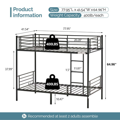 VINGLI Bunk Bed Twin Over Twin for Kids, Teens & Adults Bunk Bed with Stairs & Flat Rungs, Heavy Duty Metal Slats, No Box Spring Needed, Black