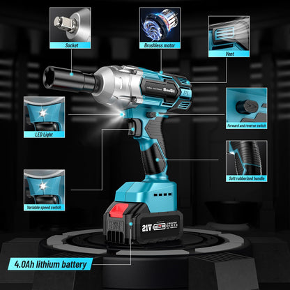 Seesii Cordless Impact Wrench, Brushless Impact Wrench 1/2 inch Max Torque 479 Ft-lbs(650Nm), 3300RPM w/ 2x 4.0 Battery, 6 Sockets,9 Drill,6 Screws, High Torque Power Impact Wrench for Car Ho - WoodArtSupply