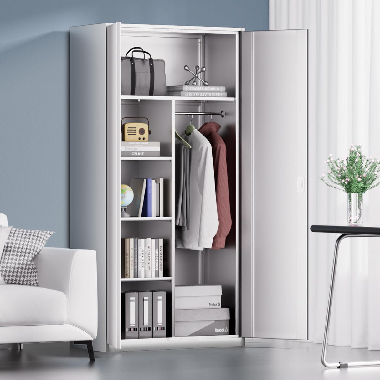 DNA MOTORING Metal Storage Cabinet, 72" Storage Wardrobe with Lock and Hanging Rod, Locking Cabinet Heavy Duty Utility Cabinet with 4 Shelves for Garage,Office,Home,Gym, White, TOOLS-00633-WH-WH DNA MOTORING