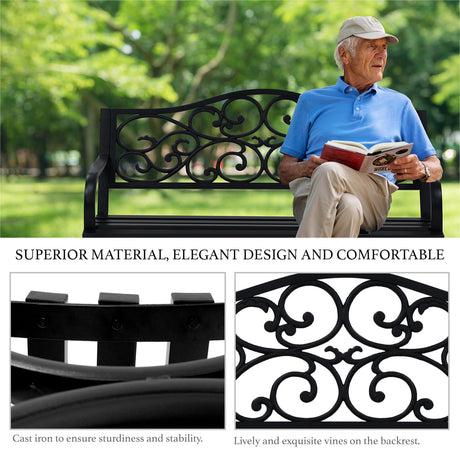 AJP Distributors 50" Outdoor Bench Garden Bench with Clouds Pattern Steel Metal Frame Park Bench Cast Iron Backrest Armrests for Patio Lawn Yard Deck Front Porch Backyard Driveway Balcony Furniture AJP Distributors