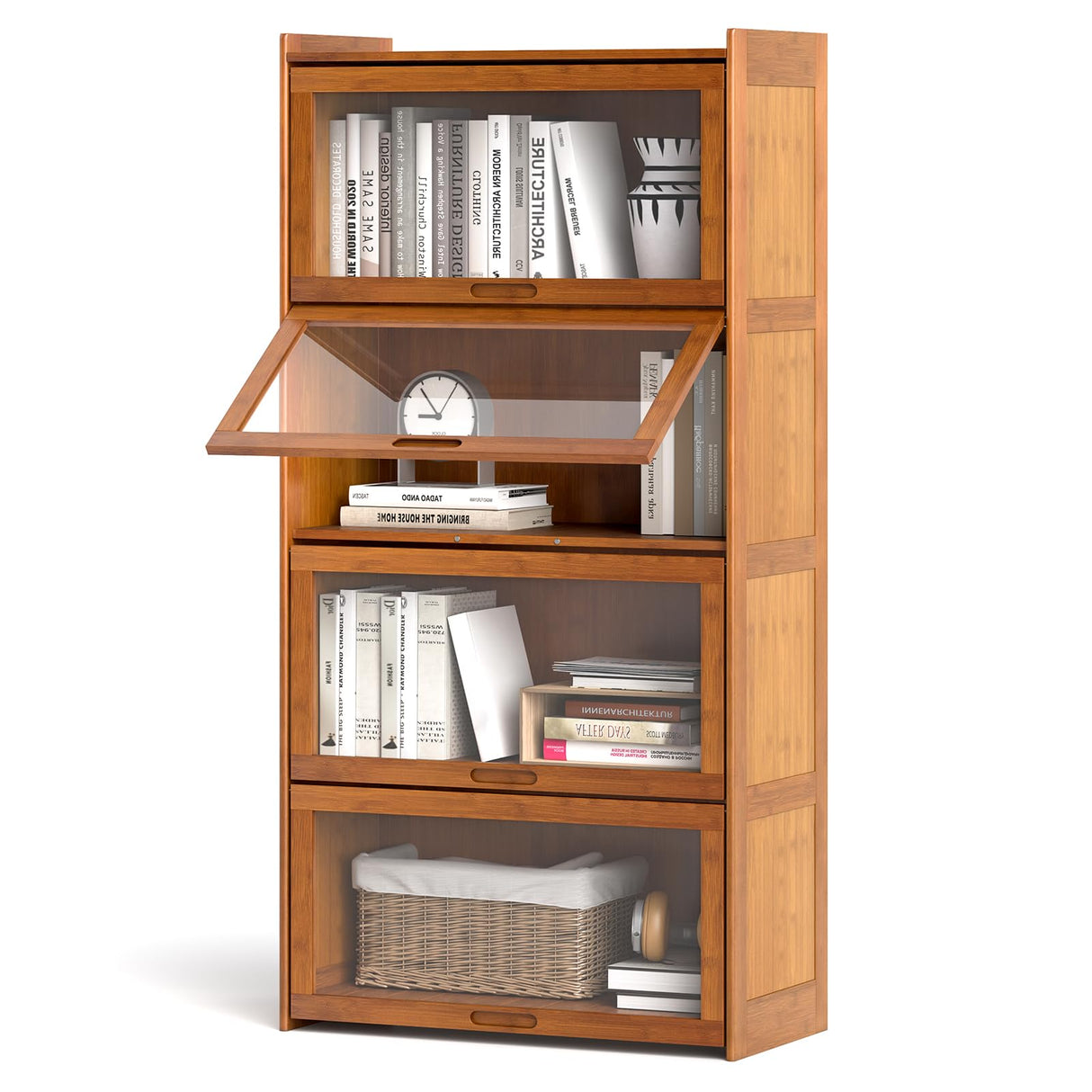 Giantex 4-Tier Bookcase with Clear Doors, 55" Bamboo Bookshelf with Flip-up Acrylic Doors, Freestanding Cube Storage Organizer with Shelves, Solid Wooden Display Cabinet for Living Room, Study, Brown Giantex