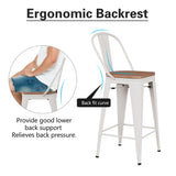 Alunaune 24" Swivel Metal Bar Stools Set of 4 High Back Counter Height Barstools Industrial Dining Bar Chairs with Large Wooden Seat-White Alunaune