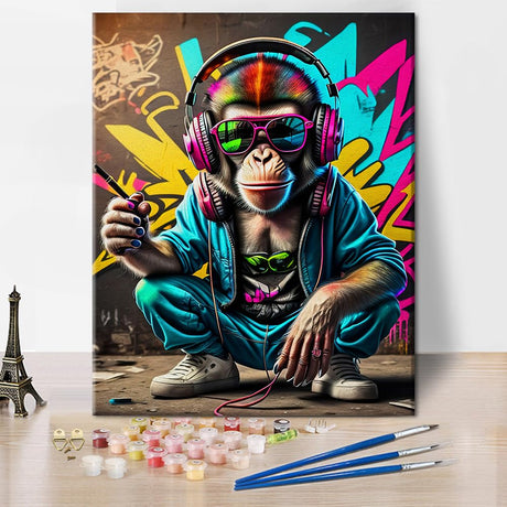 TUMOVO Adult Paint by Number Kits on Canvas, DIY Acrylic Painting for Adults Kids Paint by Number, Graffiti Adults' Paint-by-Number Kits DJ Monkey with Headphones and Sunglasses, 16 x20 Inch TUMOVO