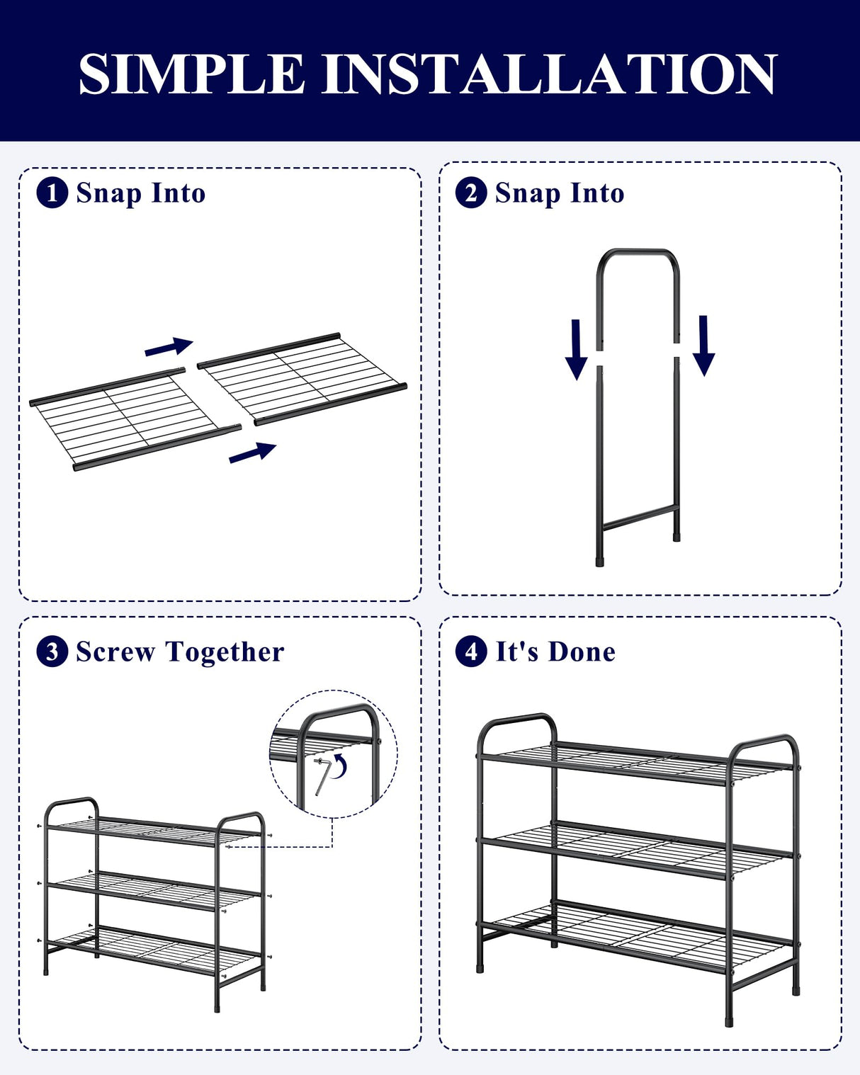 Kitsure Shoe Rack - Stainless Steel Shoe Organizer, Sturdy Shoe Rack for Closet and Front Door Entrance, Free Standing Shoe Shelf, Closet Organizers and Storage, Black Kitsure