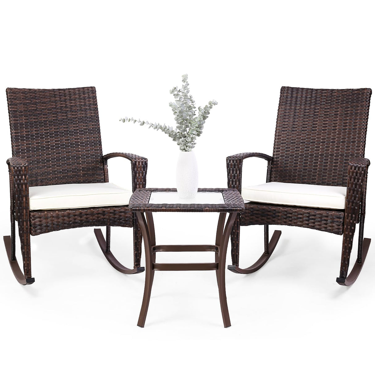 Niubya 3 Piece Wicker Rocking Chair Patio Furniture Sets, Outdoor Wicker Bistro Rattan Chair Conversation Sets with Cushions and Coffee Table, Beige and Brown Niubya