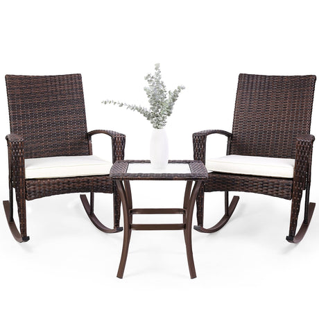 Niubya 3 Piece Wicker Rocking Chair Patio Furniture Sets, Outdoor Wicker Bistro Rattan Chair Conversation Sets with Cushions and Coffee Table, Beige and Brown Niubya