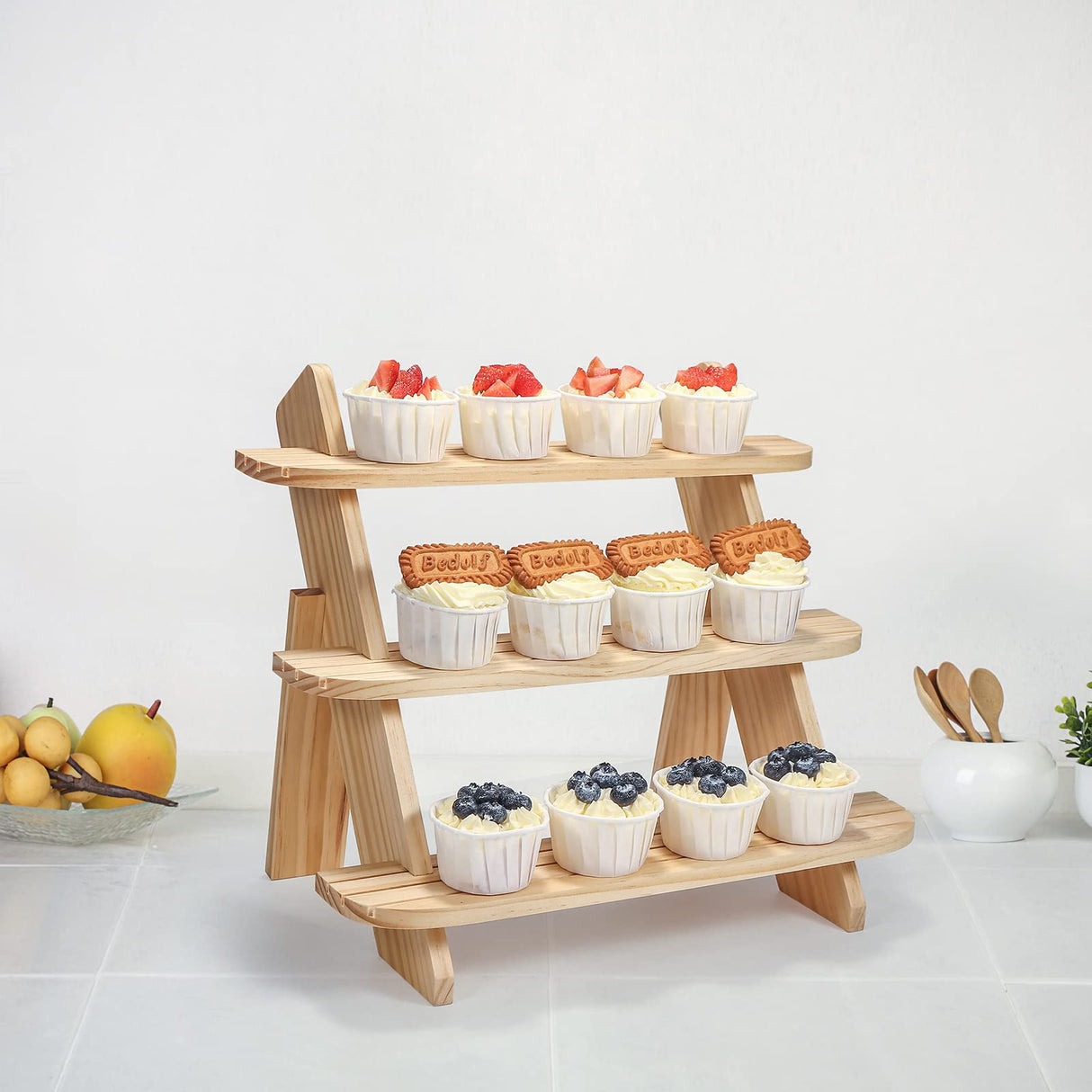 Wooden Display Riser,3 Tier Earring & Ring Holder Stands,Farmhouse Cupcake Stands ,Table Display Stand For Vendors,Organizer Showcase for Tabletop Shows and Home Using ,Wood Rustic Risers (Natural) WHEARTED