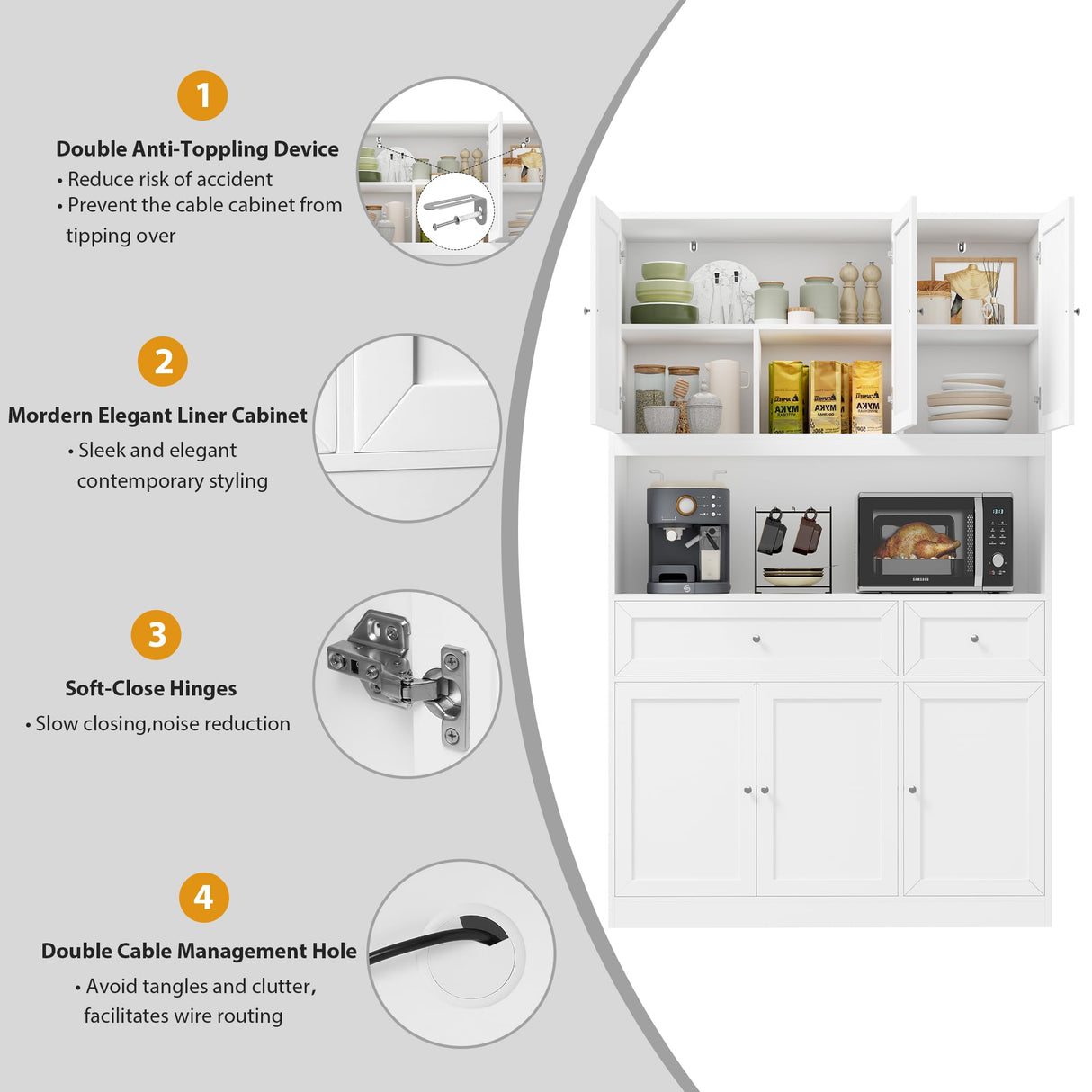 BOTLOG 72" Kitchen Pantry Cabinet, Kitchen Hutch with Microwave Stand, Buffet Cabinet with Hutch for Kitchen Dining Room, White BOTLOG