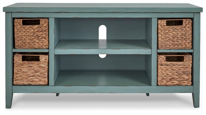 Signature Design by Ashley Mirimyn Casual TV Stand for TVs up to 54" with 4 Baskets and 3 Adjustable Shelves, Green & Light Brown - WoodArtSupply