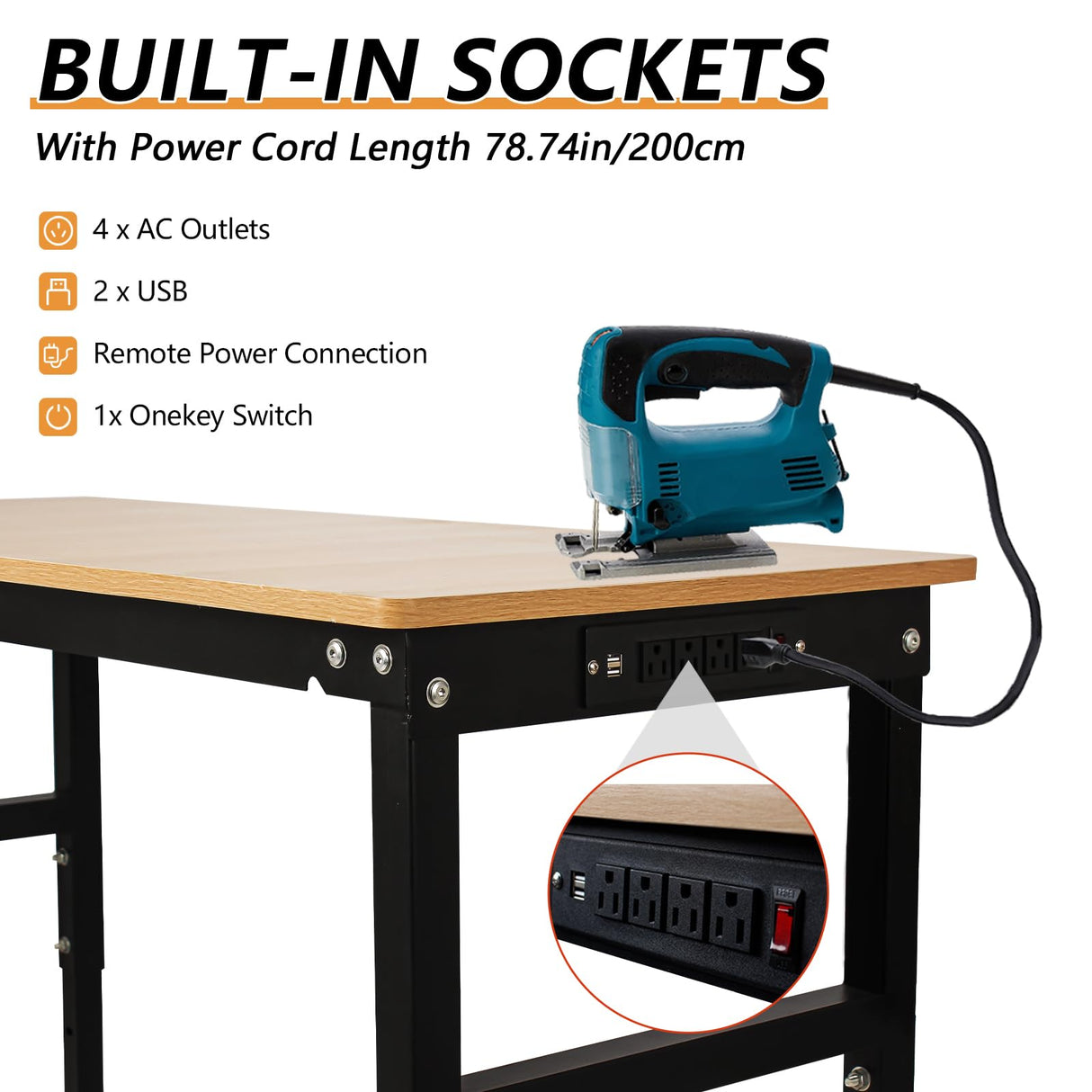 SGOLAN Adjustable Workbench with Power Outlet,60 Inch Workbench for Garage,2000 Lbs Capacity Hardwood Workbench,Heavy Duty Table for Workshop Office Home Commercial SGOLAN