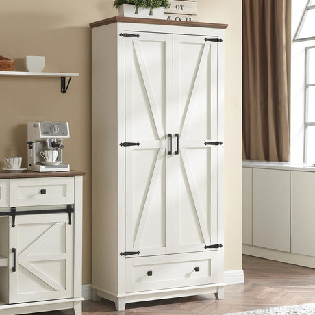 AMERLIFE 72" Tall Kitchen Pantry Storage Cabinet, Farmhouse Food Pantry Cabinet for Kitchen, Dining Room, Living Room, Adjustable Shelves and Drawer, White AMERLIFE