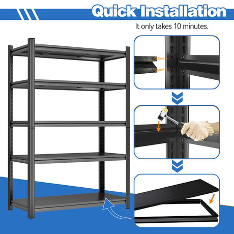 47" W Garage Shelving 3000LBS Storage Shelves 5 Tier Adjustable Metal Shelving Unit Garage Storage Shelves Heavy Duty for Basement, Warehouse, Commercial Black PRESTELION