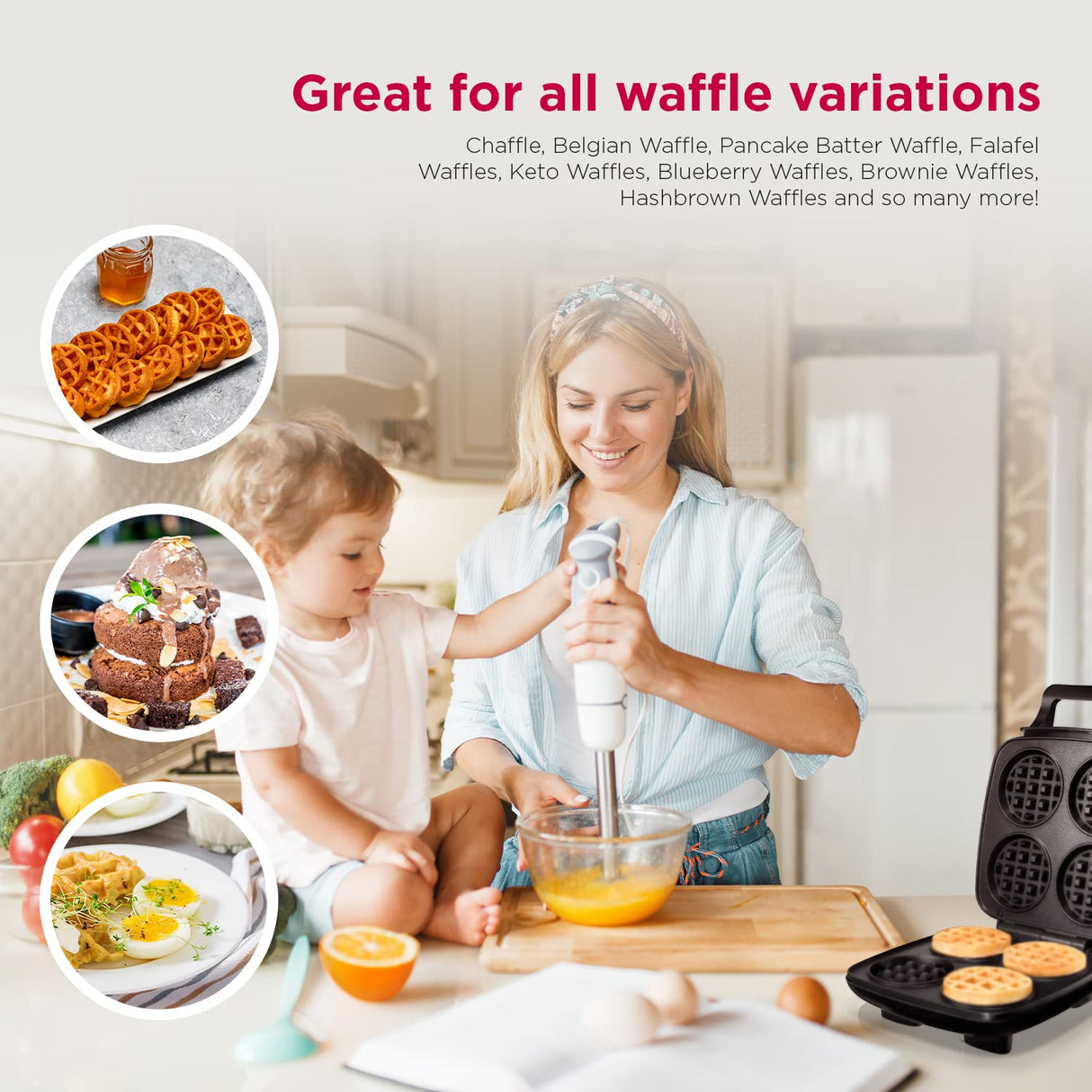 mywaffle Classic Waffle & Chaffle Maker - For Breakfast, Churro, Keto, Belgian and Dessert Waffles - Non-Stick Surface, Extra Deep Plates and Easy to Clean, Perfect for Individuals and Families homeart