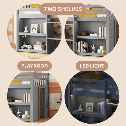 Luckiofvonne Grey Twin Size Low Loft Bed with Storage Shelves and LED Light - WoodArtSupply