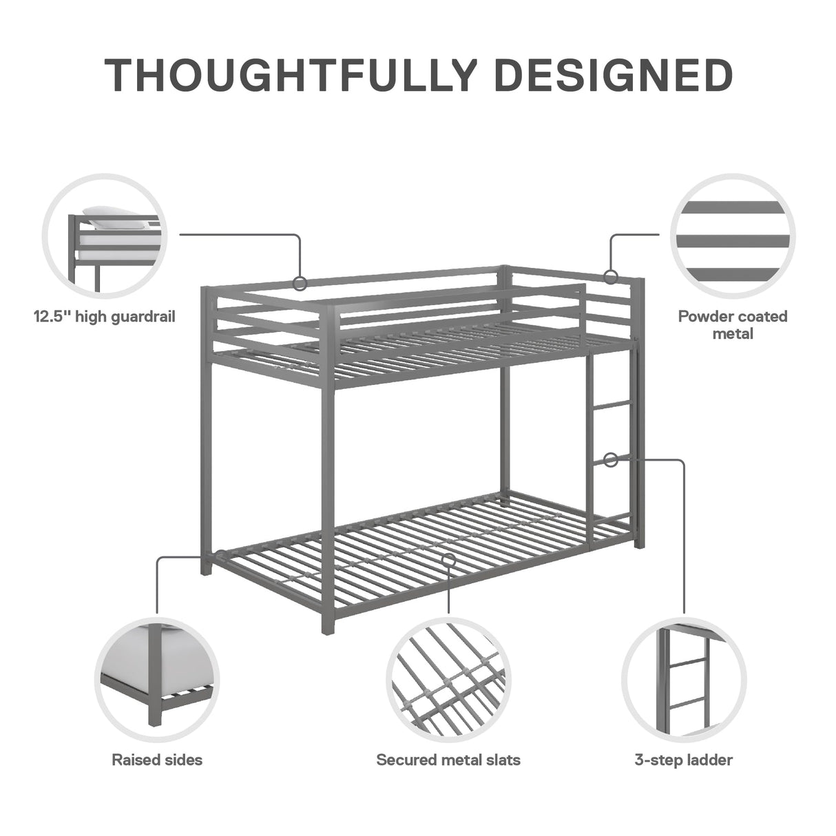DHP Miles Silver Low Metal Bunk Bed Frame for Kids - Twin Over Twin with Built-in Ladder and High Guardrails DHP