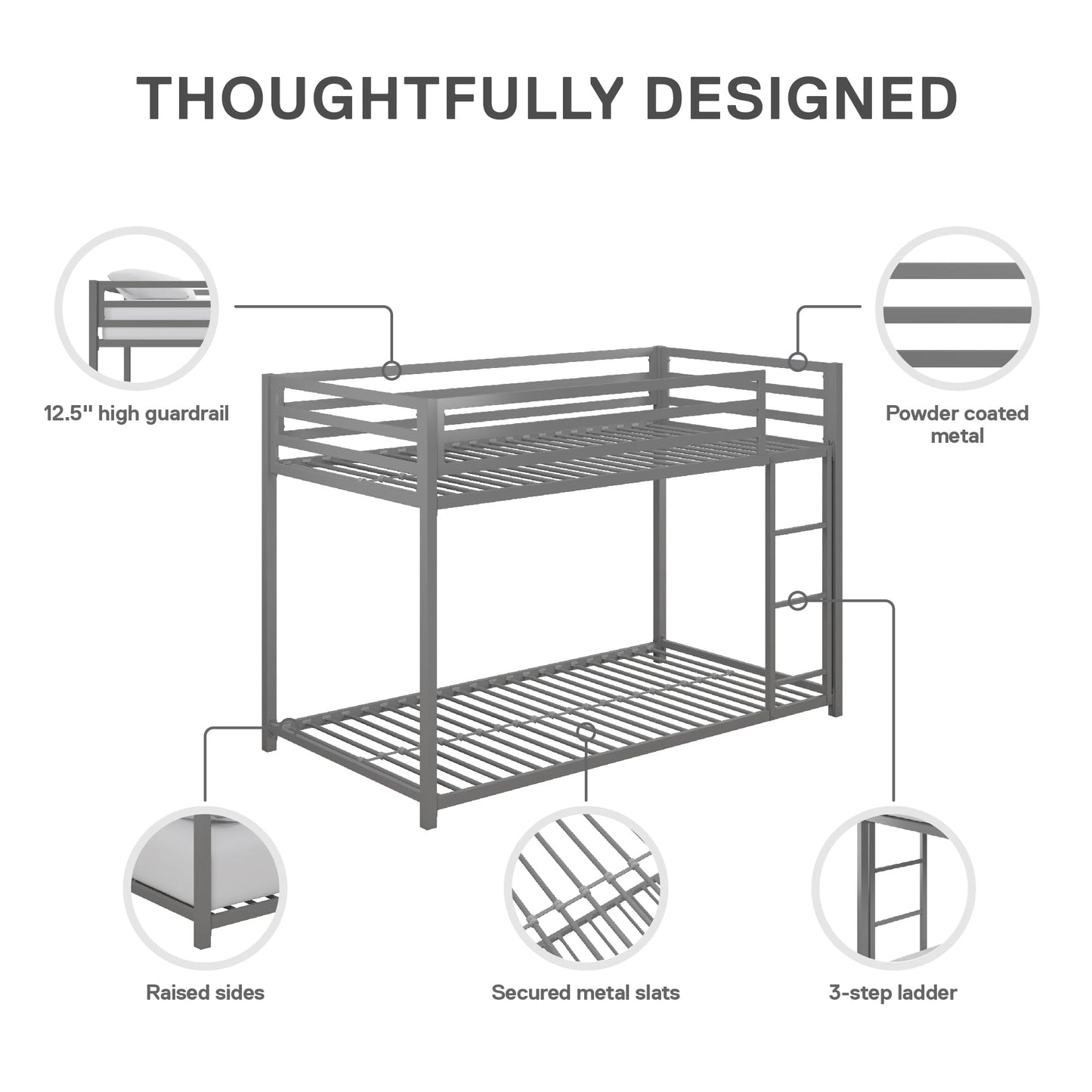 DHP Miles Silver Low Metal Bunk Bed Frame for Kids - Twin Over Twin with Built-in Ladder and High Guardrails - WoodArtSupply