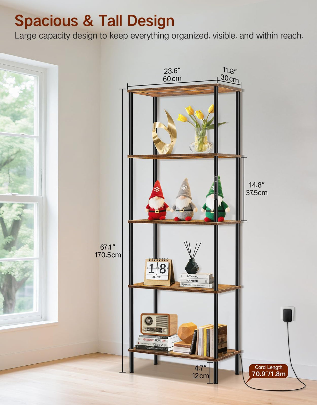 OUTONLIFE 5 Tier Bookshelf with LED Light, Dimmable Bookcase with Touch & Remote Control, 3 Color Temperatures, Tall Modern Display Standing Shelf for Living Room, Bedroom, Home Office (Rustic Brown) OUTONLIFE