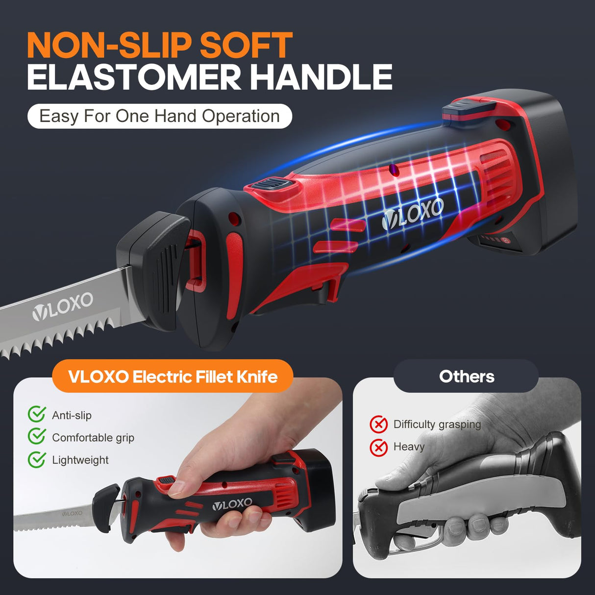 VlOXO Electric Fillet Knife - Cordless with 4 Stainless Steel Blades, Non-Slip Grip, Safety Lock, Includes Storage Case VLOXO