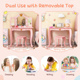 Costzon Kids Vanity with Lights, Girls Vanity Set with Mirror and Stool, Drawer, 2 in 1 Princess Makeup Desk Dressing Table, Toddler Vanity, Pretend Play Kids Vanity Table and Chair Set (Pink) Costzon