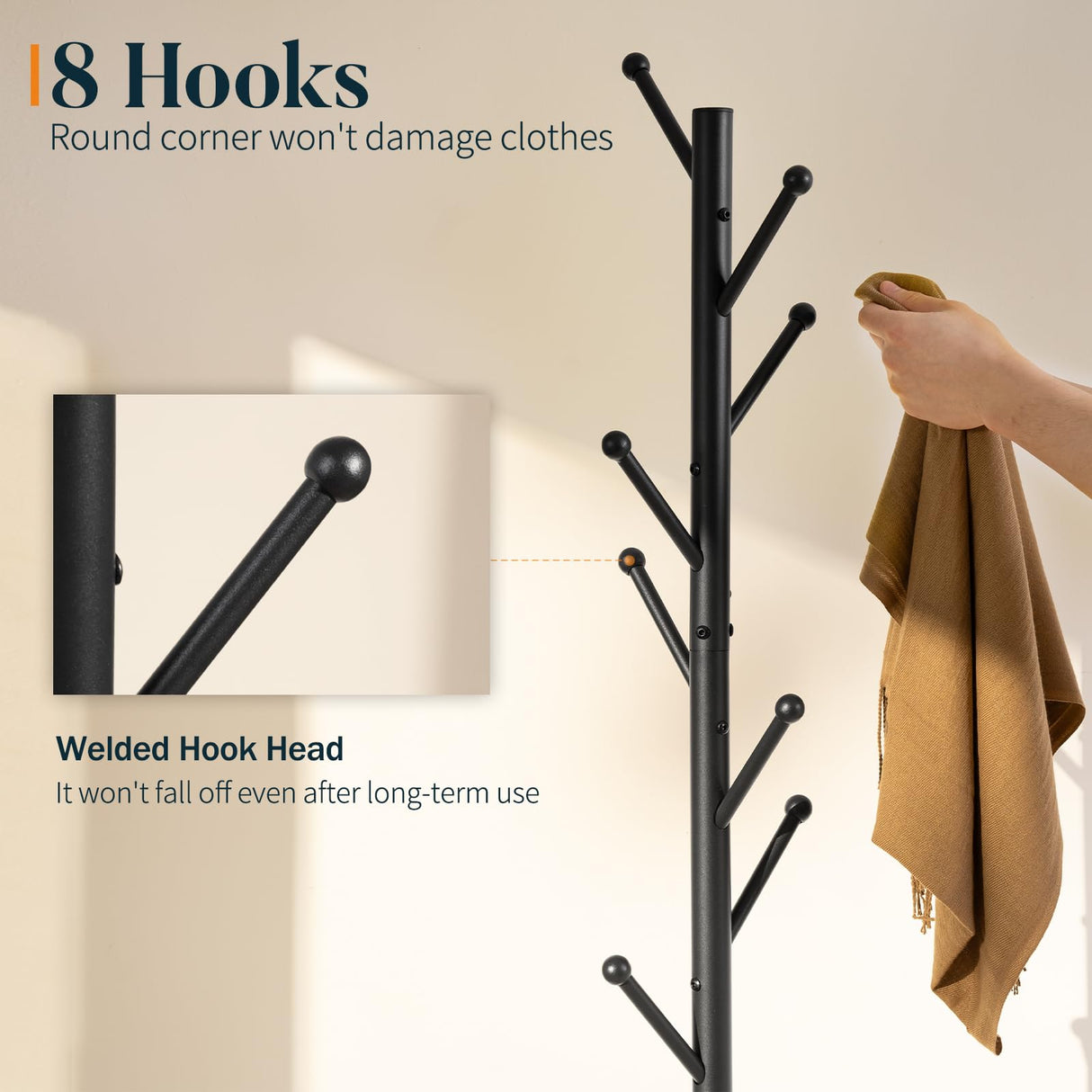 Yoobure Coat Rack Freestanding with Natural Marble Base - Coat Tree with 8 Hooks Heavy Duty Coat Hanger Stand, Metal Coat Rack Stand for Jacket, Hat, Clothes & Bag, Hall Tree Hat Rack for Entryway Yoobure