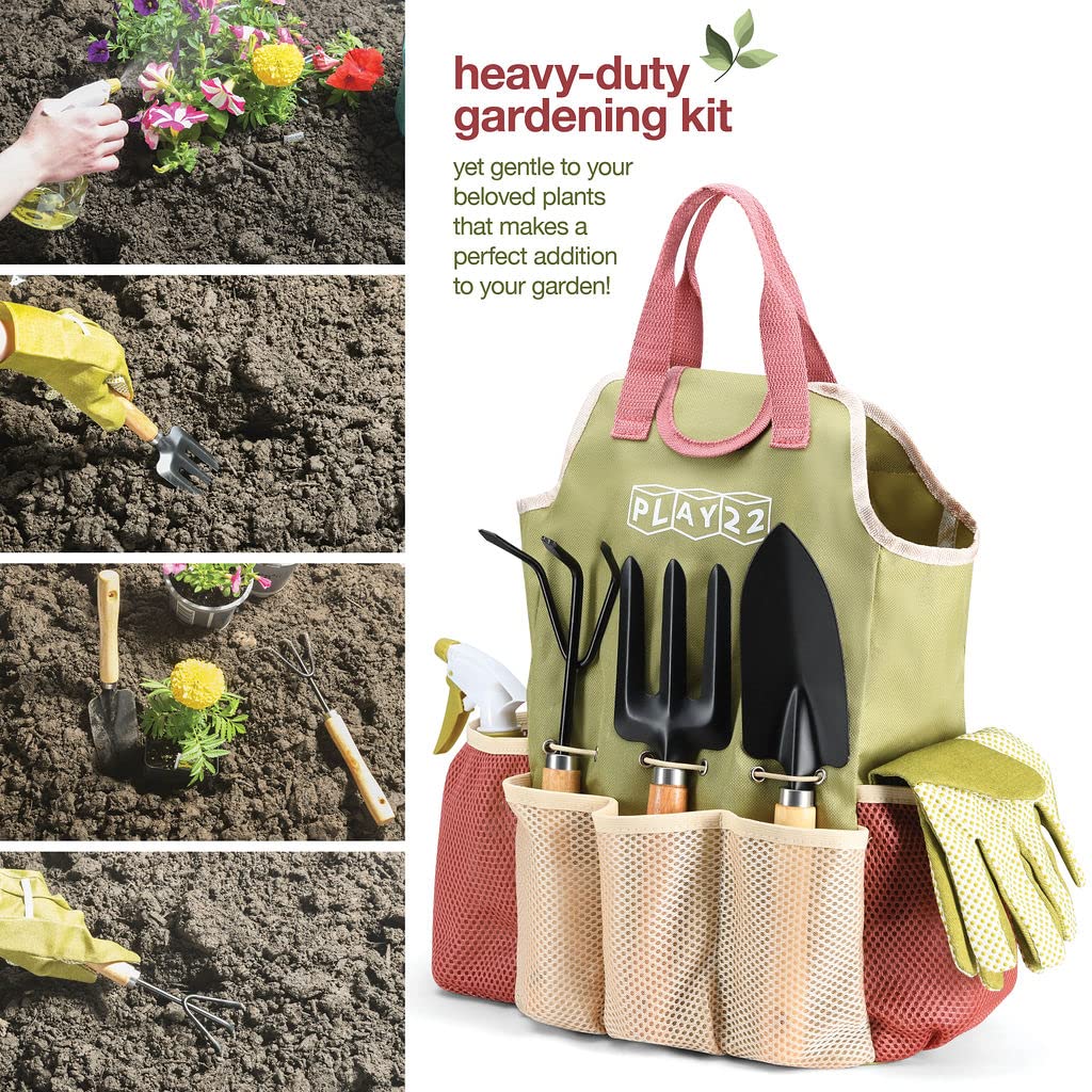 Gardening Tools Set of 10 - Complete Heavy Duty Garden Tools Set with Fashion Handbag - Durable Gardening Supplies Kit Ideal Gardening Gifts for Women Play22