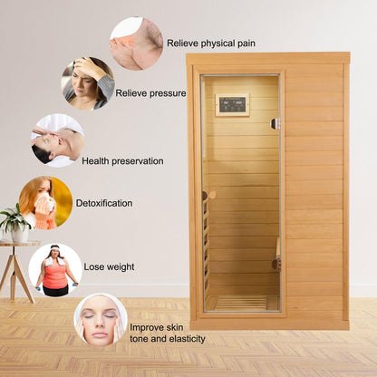 Xmatch Far Infrared Wooden Sauna Room, 1-Person Size Left Bench, with 1050W, 6 Heating Plates, 10-15 Minutes Pre-Warm up