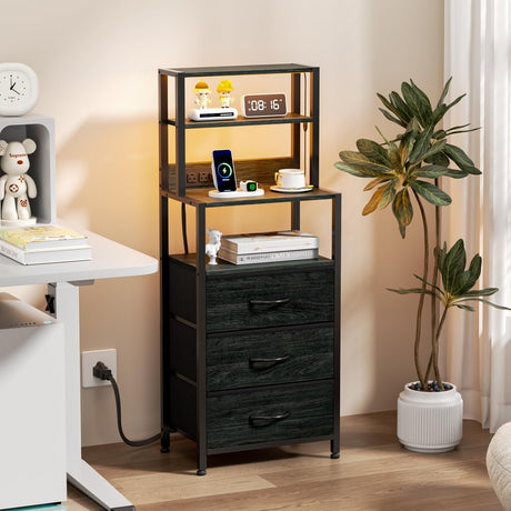 Furnulem Night Stand, Tall Nightstand with 4-Tier Shelves and 3 Fabric Drawers, LED Bed Side Tables with Charging Station, Bedside Table for Bedroom, Hallway, Home Office, Black Oak Furnulem