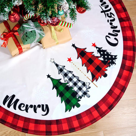 Multiwins Christmas Tree Skirt 48 Inch Red Rustic Xmas Tree Skirt with Snowflake, Black Red Buffalo Plaid Christmas Tree Skirt Ornaments for Merry Christmas Holiday Party Decorations Indoor Outdoor multiwins