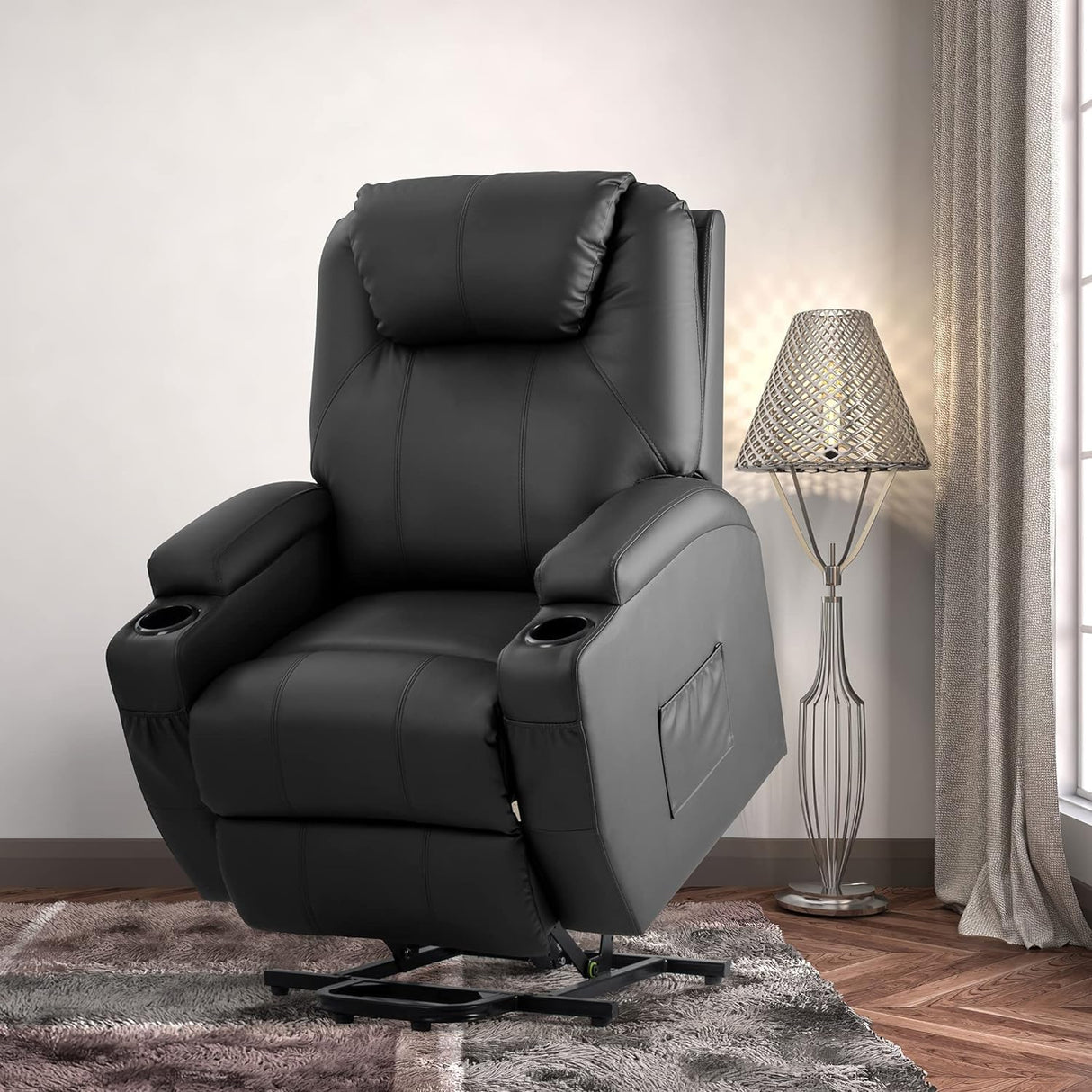 JUMMICO Power Lift Recliner Chair with Massage for Elderly PU Leather Modern Reclining Sofa Chair with Cup Holders, Remote Control, Adjustable Furniture (Black) JUMMICO