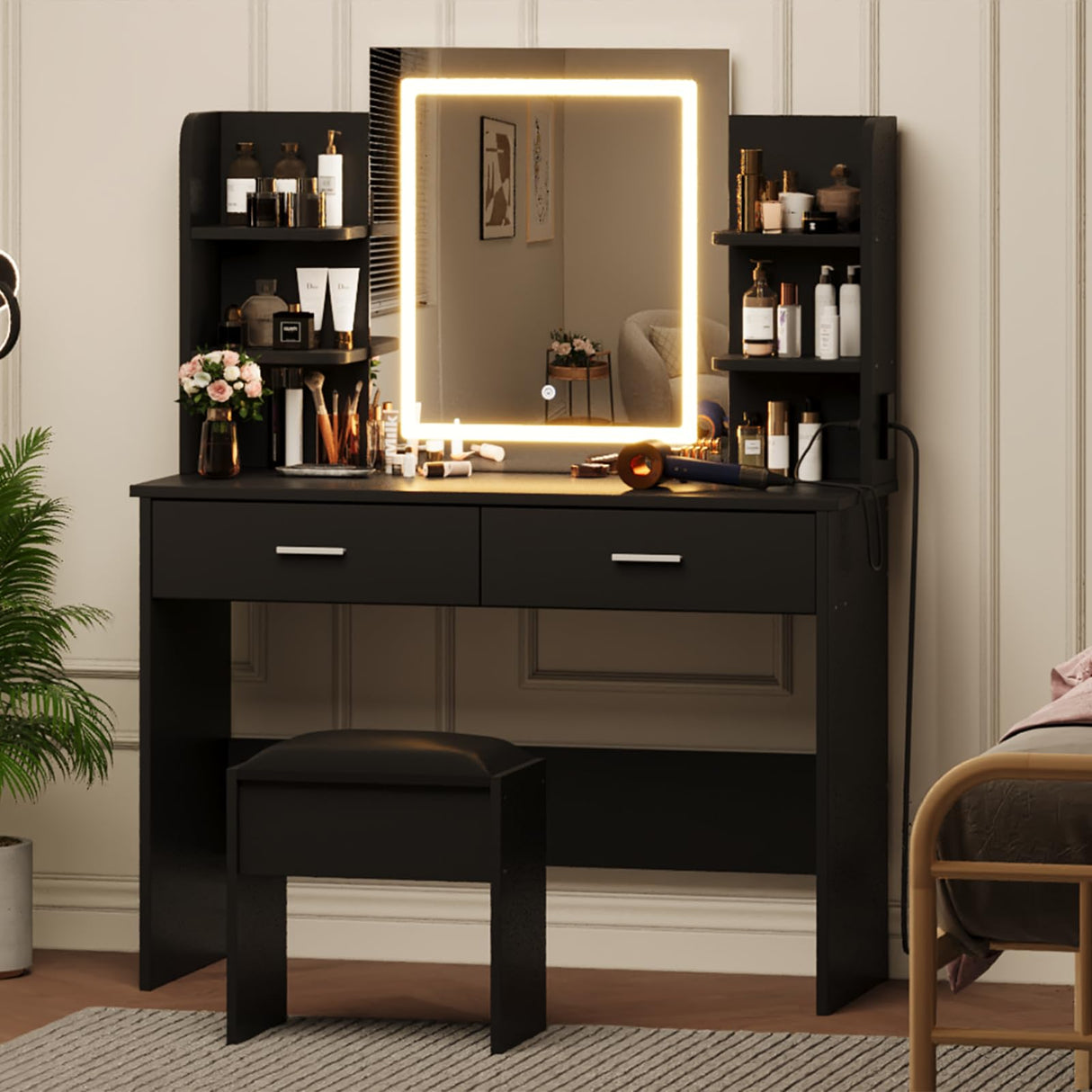 Patikuin Vanity Desk with Lighted Mirror, Makeup Vanity Set with Power Outlet, Cushioned Stool, Vanity Table with 6 Storage Shelves, 2 Large Drawers and 3 Color Light Adjustable Brightness, Black Patikuin