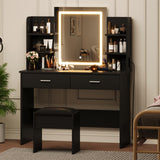 Patikuin Vanity Desk with Lighted Mirror, Makeup Vanity Set with Power Outlet, Cushioned Stool, Vanity Table with 6 Storage Shelves, 2 Large Drawers and 3 Color Light Adjustable Brightness, Black Patikuin