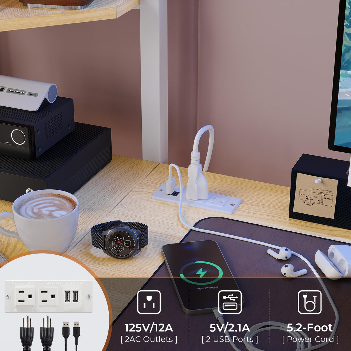 DICTAC Twin Loft Bed with U-Shaped Desk, LED Lights, Charging Station, and Storage Shelves – White Metal Frame DICTAC