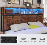 Farmhouse Queen Bed Frame with Bookcase Headboard and Storage Drawers, LED Lights and Charging Station, No Box Spring Needed, Noise Free, Rustic Brown Fastroby