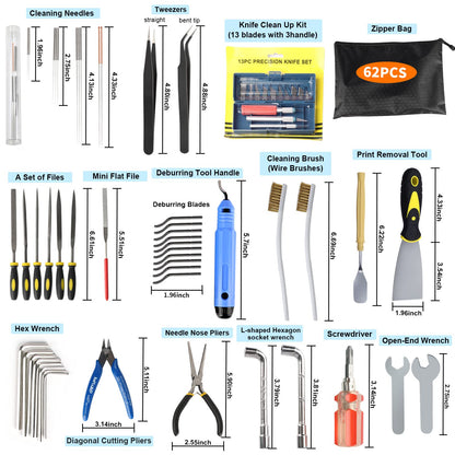 IdeaFormer-3D 62PCS 3D Printer Tools Kit,3D Printer Accessories Nozzle Cleaning Kit, Deburring, Removal Tools, Cutters, Wrench, Hobby Knife Set, Files, Screwdriver 3D Printing Tools 3D Print  - WoodArtSupply