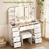 YYJ 42" Makeup Vanity Desk with Mirror and Lights, & Power Outl,Glass Top Big Vanity Table with 9 Drawers& 8 Storage Shelves,Vanity Table Set with Chair for Bedroom,White,W YYJ