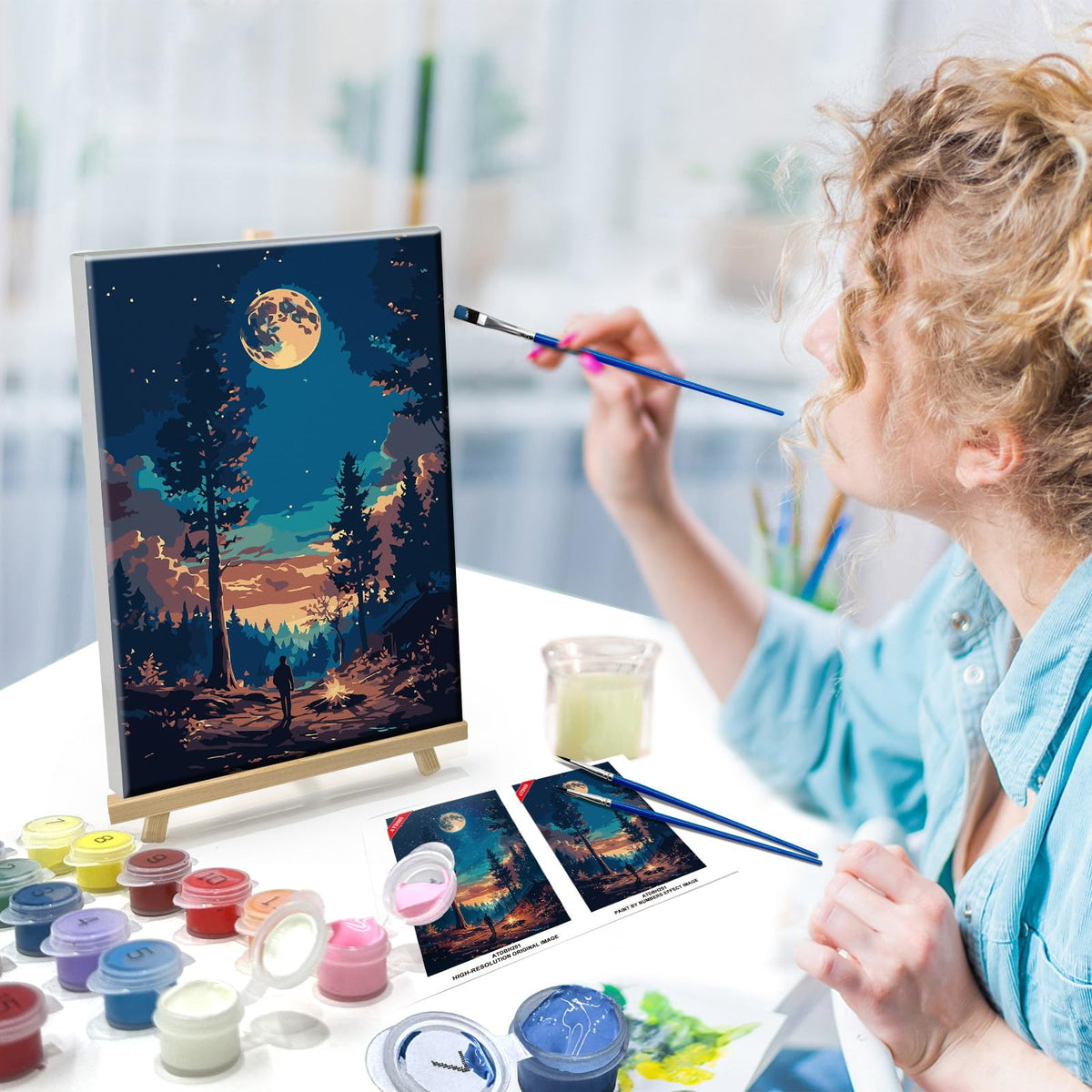 ATDMS Paint by Number for Adult Beginner - DIY Landscape Moon Forest with Frame and Easel for Wall Hanging Home Room Decor - 7.87x11.81 Inch ATDMS
