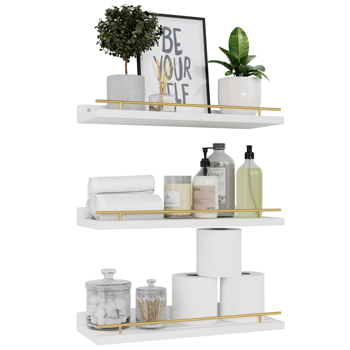 WOPITUES Floating Shelves with Gold Metal Guardrail, Shelves for Wall Decor Set of 3, Wall Shelves for Bedroom, Bathroom, Kitchen, Living Room, Plants, Picture Frames, Art- White and Gold WOPITUES