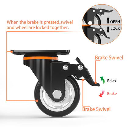 3 Inch Caster Wheels, Heavy Duty 3” Casters Set of 4 with Brake, TONSUM No Noise Polyurethane (PU) Wheels and Safety Dual Locking casters, Swivel Plate Castors (Two Hardware Kits)