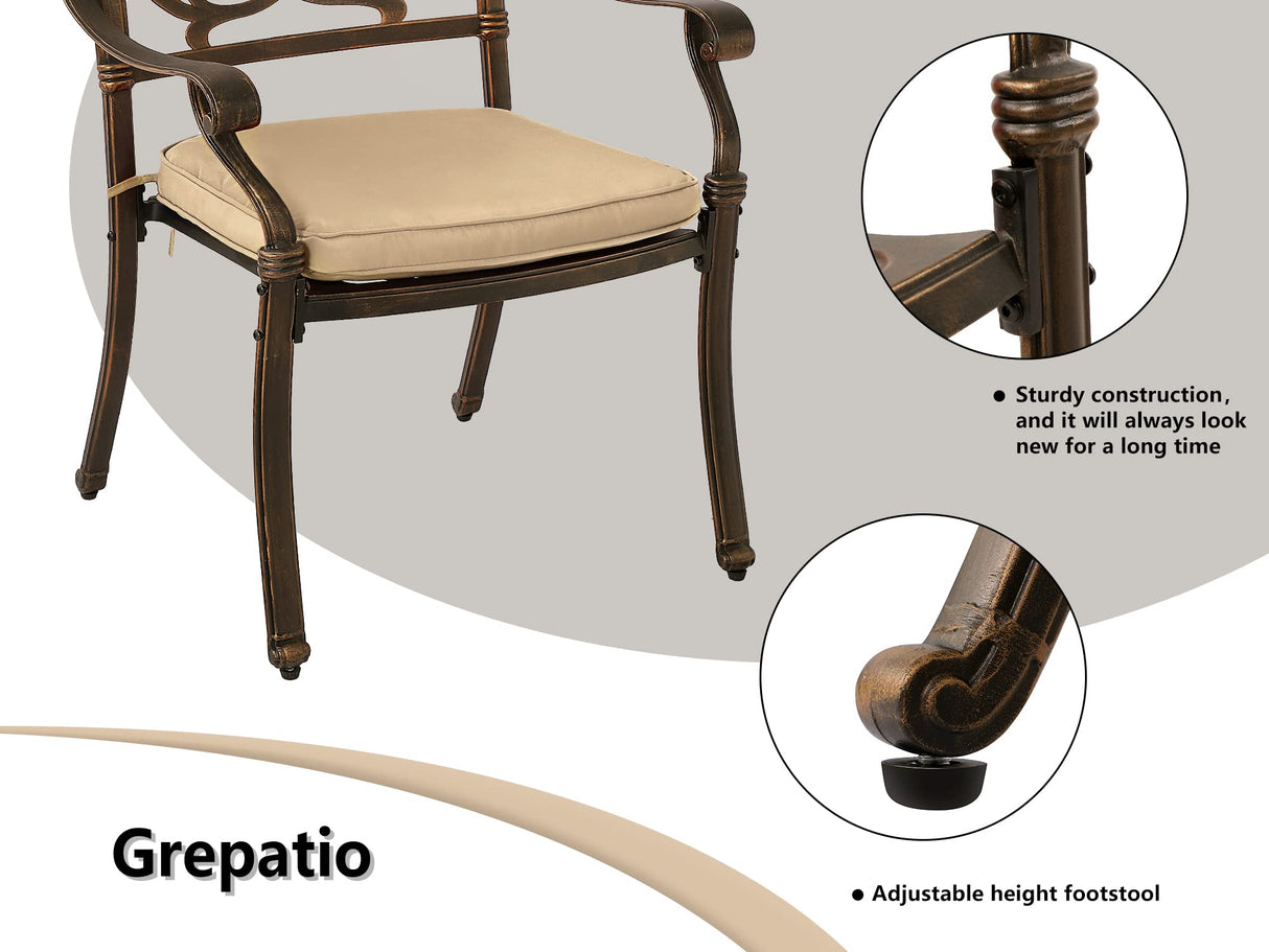 Grepatio 9 Piece Cast Aluminum Patio Furniture Set Outdoor Dining Set Bistro Furniture Set with 8 Armchairs and Dining Table, 8 Cushions for Backyard Garden Poolside (Khaki) Grepatio